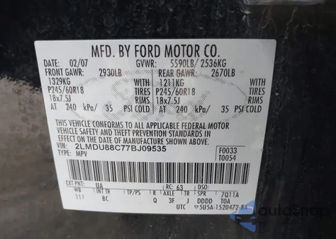 2007 Lincoln Mkx z USA, uszkodzony, nr VIN 2LMDU88C77BJ09535